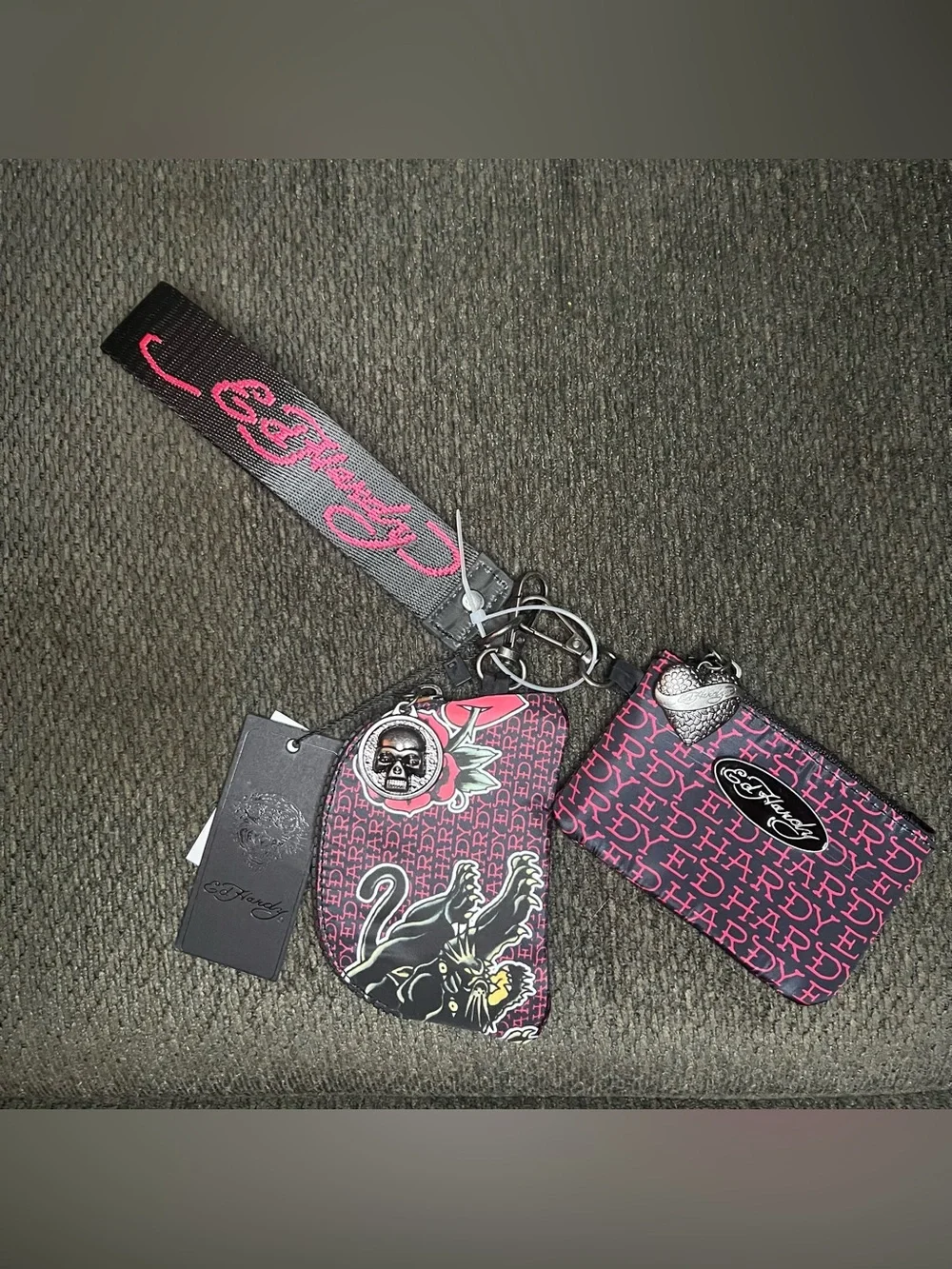 Ed Hardy Double Signature Wristlet - Black Panther/Rose NWT